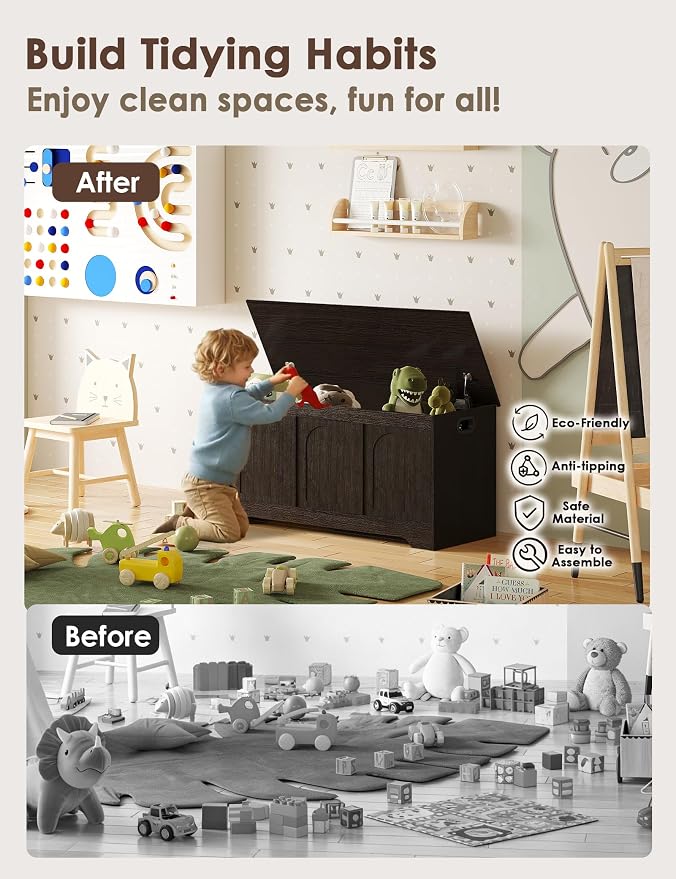 DINZI LVJ Storage Chest, 39.4” Wooden Toy Box with 2 Safety Hinges, Entryway Shoe Bench with Flip-Top, Sturdy Large Storage Trunk for Living Room, Bedroom, Playroom, Easy Assembly, Espresso
