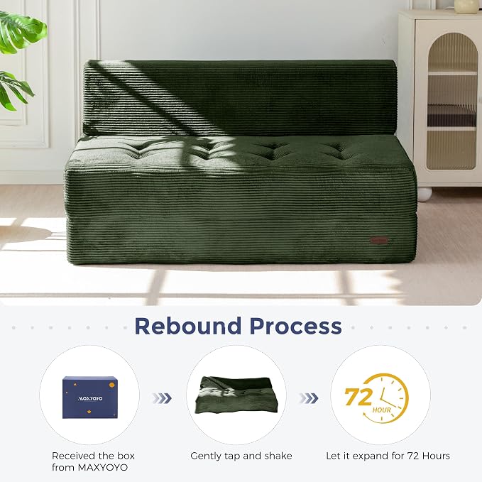 MAXYOYO 8" Folding Sofa Bed, Fold Out Chair Bed, Convertible Floor Sofa Couch, High-Density Foam Tufted Lounge Couch for Living Room Bedroom Dorm, Loveseat, Dark Green