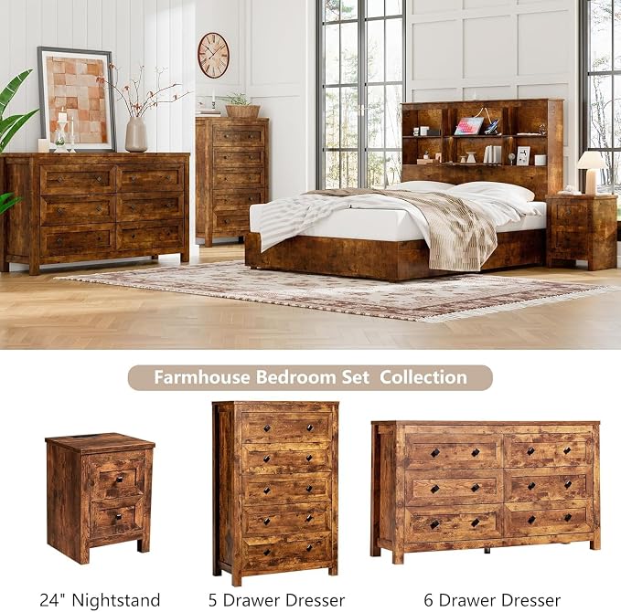 LUXOAK 5-Piece Bedroom Set, Queen Bed Frame with Headboard, 6 Drawer Dresser & 5 Drawer Chest, Nightstand Set of 2 with Charging Station, Farmhouse Bedroom Furniture, Rustic Brown
