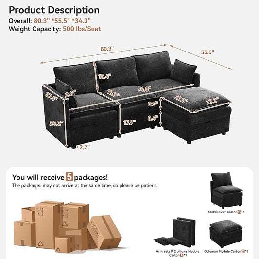 80" Cloud 3 Seater Sectional Modular Couch with Storage Ottoman, Upholstered Storage Sofa Modern Couch Deep Seat, Chenille L Shape Sofa Comfy Couches with Armrests for Living Room, Small Space, Black