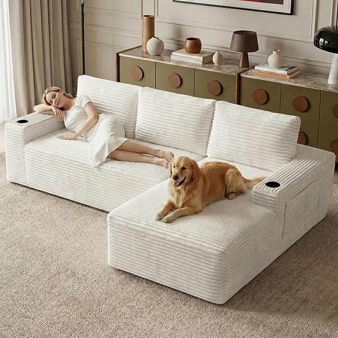 104" Cloud Sectional Couch L-Shaped with Side Pockets Cup Holders, Corduroy Boneless Couch for Living Room,Upholstered Deep-Seat Modular Sectional Sofa,No Assembly Required (White,Right Facing Chaise)