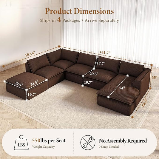 Vesgantti 141.7" Oversized Modular Sectional Sofa, Modern 7 Seater Boneless Couch with Chaise and Ottoman, Deep Seat Plush Corduroy Cloud Style for Living Room, No Assembly Required,Brown
