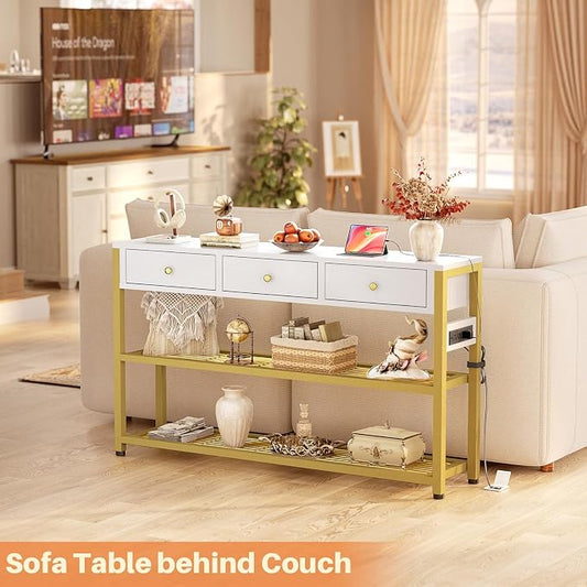 Ecoprsio 47'' Entryway Table with Outlets and USB Ports, Console Table with 3 Drawers, Sofa Table Narrow Long with Storage Shelves for Living Room, Couch, Hallway, Foyer, White and Golden
