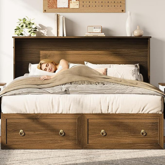 Yoobure Queen Murphy Bed with Charging Station - Rattan Queen Bed Frame with Storage Drawers, Wood Cabinet Beds for Guest Bedroom, Living Room, Office, Farmhouse Hideaway Beds with Foldable Platform
