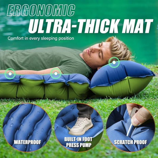 FUN PAC Camping Sleeping Pad,with Foot Pump and Pillow – Ultralight Compact Sleeping Mat for Backpacking, Hiking, Tent – Portable Single Inflatable Mattress for Outdoor