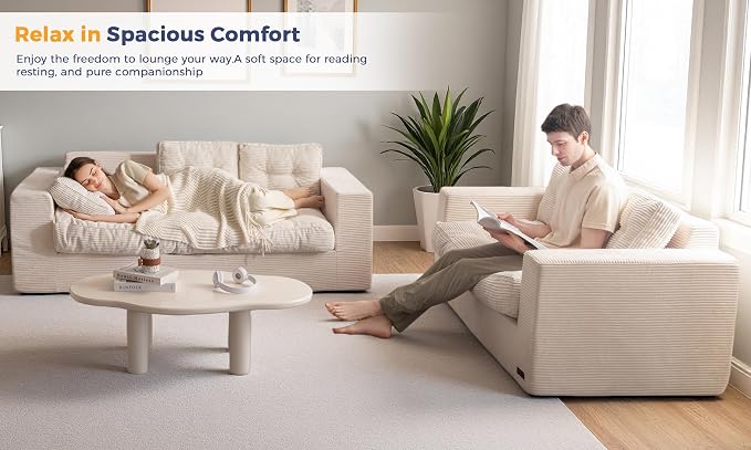 MAXYOYO Oversized Loveseat Sofa Couch, Upholstered Bean Bag Chair Cloud 3-Seat for Adults, Boneless Couch with Tufted Cushion & Pillows, Sofa in A Box, No Assembly Required, Beige