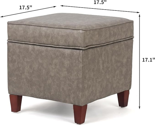Adeco 17.5" Square Storage Ottoman, Faux Leather Flip Top Footstool & Coffee Table, Upholstered Foot Rest with Wood Legs, Small Extra Seat for Living Room & Bedroom, Coffee Brown