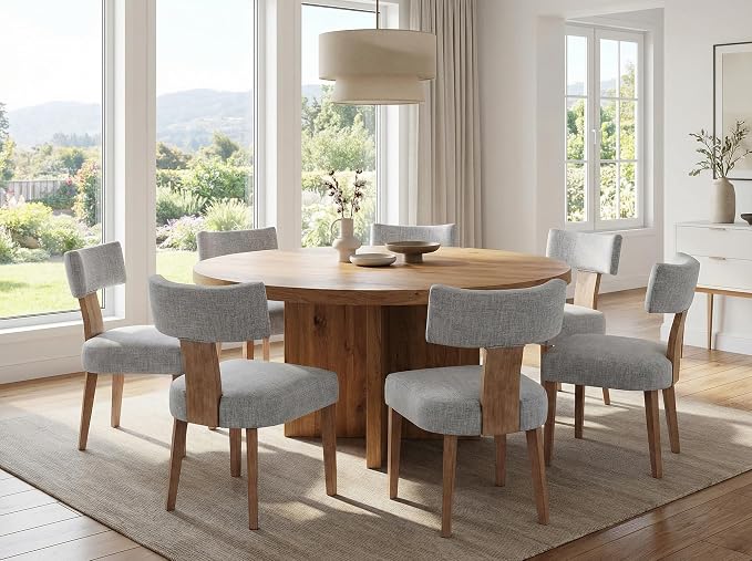 RIVOVA Linen Dining Chairs Set of 6, Modern Dining Chair with Wood Legs, Upholstered Dining Chairs for Dining Room, Kitchen, Vanity, Living Room, Grey