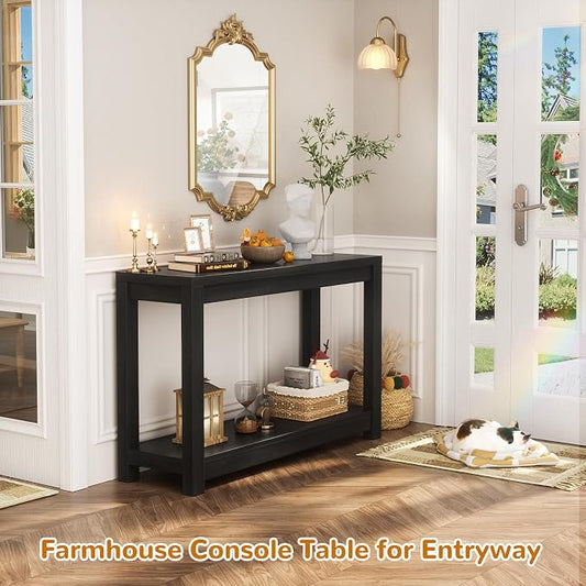 Besiost Small Farmhouse Wood Entryway Table Narrow Console Table with Storage Behind Couch Sofa Table with Shelves Entry Way Table with Open Storage, Easy Assembly, 32" Embossed Wood Grain Black