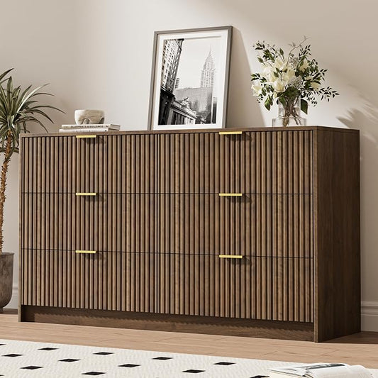 MAISONARIA 3-Piece Dresser Bedroom Set, 6 Drawer Dresser & 3 Drawer Nightstands with Gold Handles, Fluted Wood Chest of Drawers for Bedroom, Living Room, Entryway,Walnut