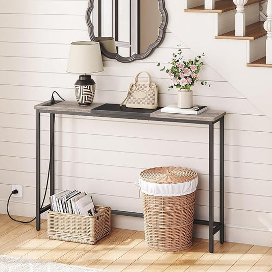 HOOBRO Narrow Console Table with Power Outlets, 44.9 Inches Sofa Table, Slim Behind Couch Table, Entryway Table with Display Shelf, for Living Room, Foyer, Hallway, Greige and Black BG114UXG01