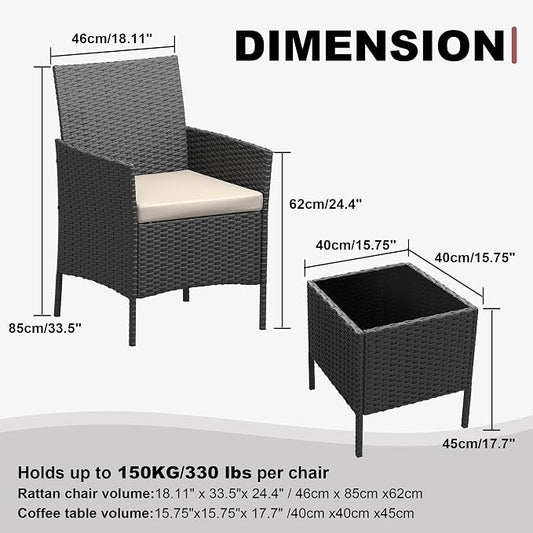 3 Piece Patio Furniture Set, Outdoor Patio Wicker Sofa Set with Upholstery and Glass Storage Coffee Table, All Weather Conversation Rattan Set for Garden, Porch, Lawn, Pool, Black+White