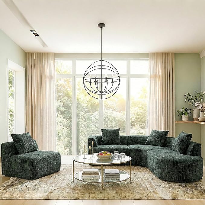 123" Curved Modular Sectional Sofa for Living Room, Oversized Chenille Cloud Couch, L-Shaped Boneless Sofa with Chaise Lounge, Compressed Couch Deep Seat, No Assembly (Green, L-Shape Right Chaise)