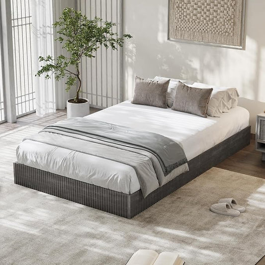 Garvee Twin Bed Frame, Wood Platform Bed with Fluted Design, Low Profile BedFrame, Minimalist Bed Base with Noise-Free, Easy Assembly, No Box Spring Needed, Charcoal Grey