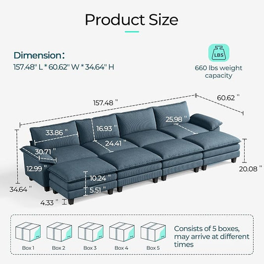 LINSY HOME 157'' Modular Sectional Sofa 4 Seat Couch Corduroy Cloud Couch with Deep Seat, Modern Cloud Couch with 4 Movable Ottoman for Living Room, Office, Bedroom, Blue
