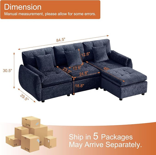 84" L Shaped Modular Sectional Cloud Sofa with Ottoman, Deep Seat Tufted Chenille 4-Seater Couch with Curved Arms, Blue