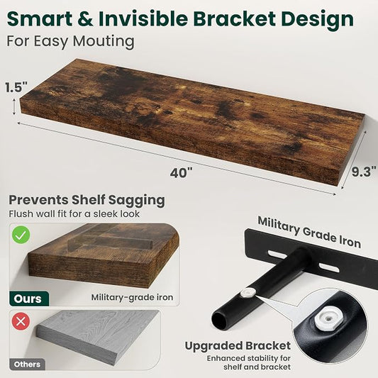 Floating Shelves for Wall 40 in x 9.3 in Deep, Wall Mounted Rustic Wood Shelf with Invisible Brackets for Storage & Display, Living Room Bedroom Bathroom, Brown, 2 Pack