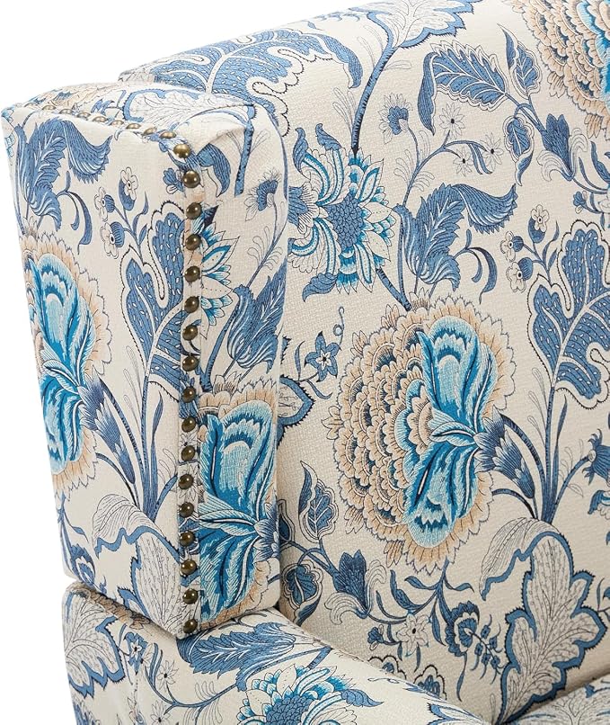 High Back Floral Accent Chair, Fabric Upholstered Armchair Wingback Arm Chair for Living Room, Nailhead Trim Single Sofa Bedroom Side Reading Seat with Retro Solid Wood Legs - Boho Blue