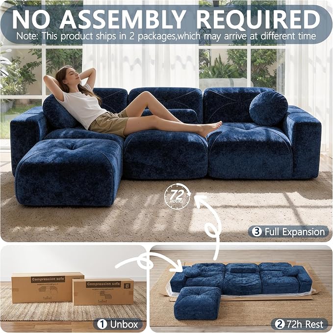 112" Modular Sectional Cloud Couch, L Shaped Sofa Boneless Couches with Movable Ottoman, 3 Deep Seat Modern Comfy Velvet Sofa for Living Room, Bedroom, Apartment (Blue)