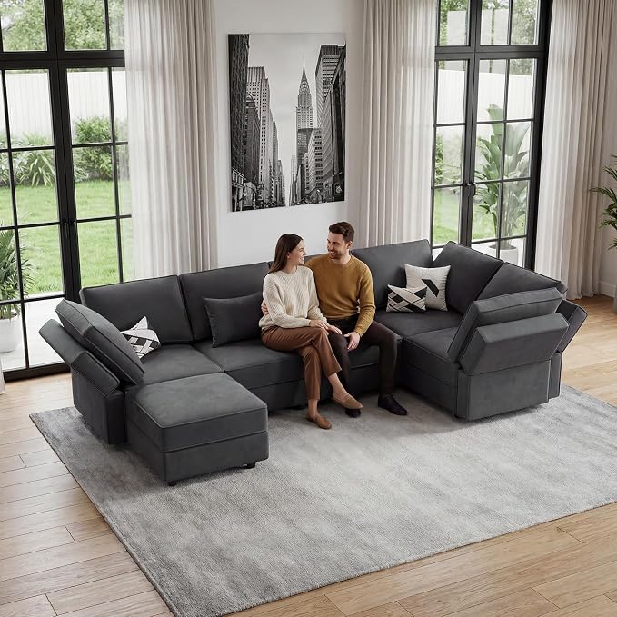 Vesgantti Sectional Couches with Storage Seats, 92" V Shaped Convertible Modular Sectional Sofa, 5 Seat & 1 Ottoman Velvet Storage Chaises Deep Seat Couch for Living Room, Bedroom, Apartment, Gray