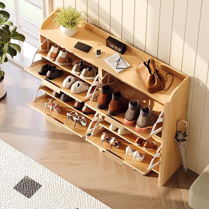 VINGLI 43.5" Large Oak Fluted Shoe Storage Cabinet with 4 Flip Drawers, Slim Entryway Shoe Organizer with Unique Curved Side Panels, Natural Wood Shoe Rack for Hallway, High Capacity Hidden Shoe Shelf
