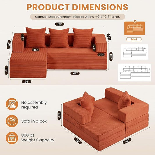 65" Modular Sectional Sofa, Boneless Convertible Sleeper Sofa Bed, Modern Tri-Folding Cloud Couch with L-Shape Chaise, Corduroy Futon Couches for Small Spaces Apartment,No Assembly, Orange