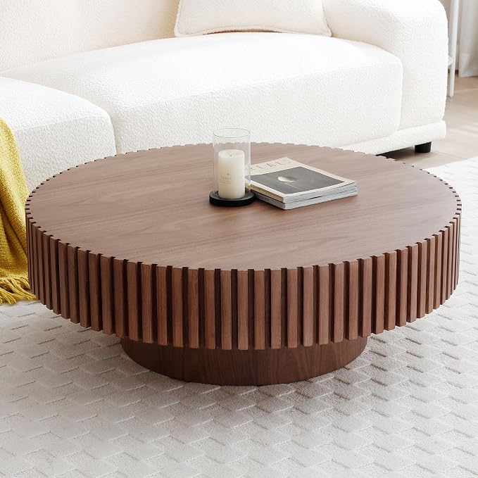 31" Round Coffee Table for Living Room, Mid Century Modern Coffee Table with Sturdy Pedestal, Circle Center Table Accent Tea Table for Apartment Walnut
