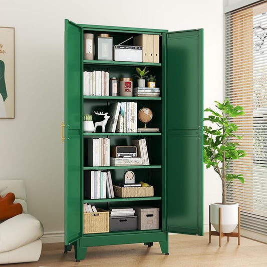 Green Metal Storage Cabinet,75" Steel Cabinets for Home Office | Kitchen Pantry Storage Cabinet with Doors and 5 Adjustable Shelves, Tool Cabinets, for Office, Home, Garage, School