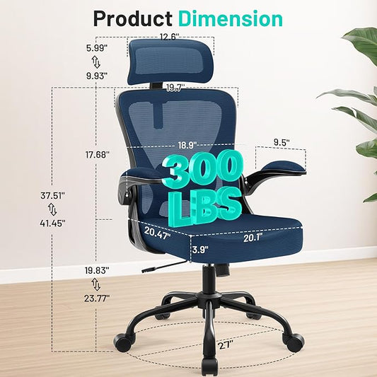 AreShark Office Chair - Ergonomic Desk Chair Breathable Mesh Chair with 2D Headrest & Adjustable Lumbar Support - Executive High Back Rolling Swivel Computer Gaming Chair with Wheels Flip-up Armrests