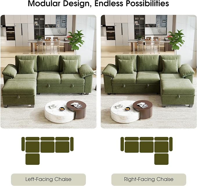 86" Modular Sectional Sleeper Sofa Bed, L Shaped 4 Seat Pull Out Couch with Storage Ottoman, Convertible Cloud Couch Bed, Sectional Couches for Living Room, Apartment (Green)