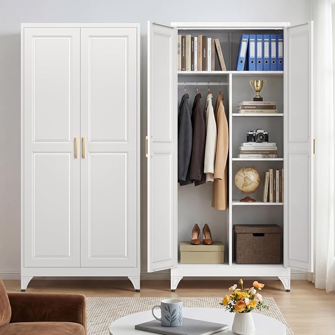 71" Metal Storage Cabinet with Hanging Rod, Tall White Wardrobe Closet with 3 Adjustable Shelves, Heavy Duty Steel Office Armoire, Modern Minimalist Design for Bedroom, Laundry Room