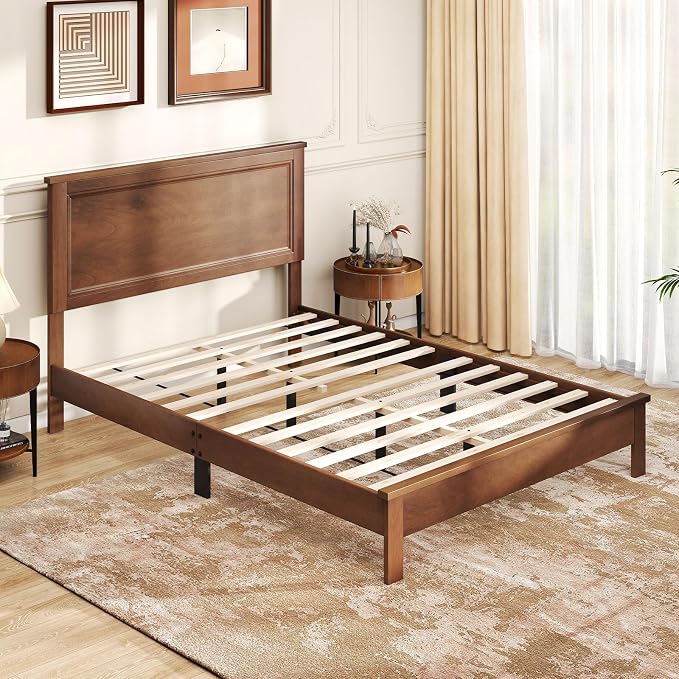 GOFLAME Full Size Wood Bed Frame, Mid-Century Modern Platform Bed with Headboard, Solid Wood Legs, Mattress Foundation with 12 Wooden Slats, No Box Spring Needed, Walnut