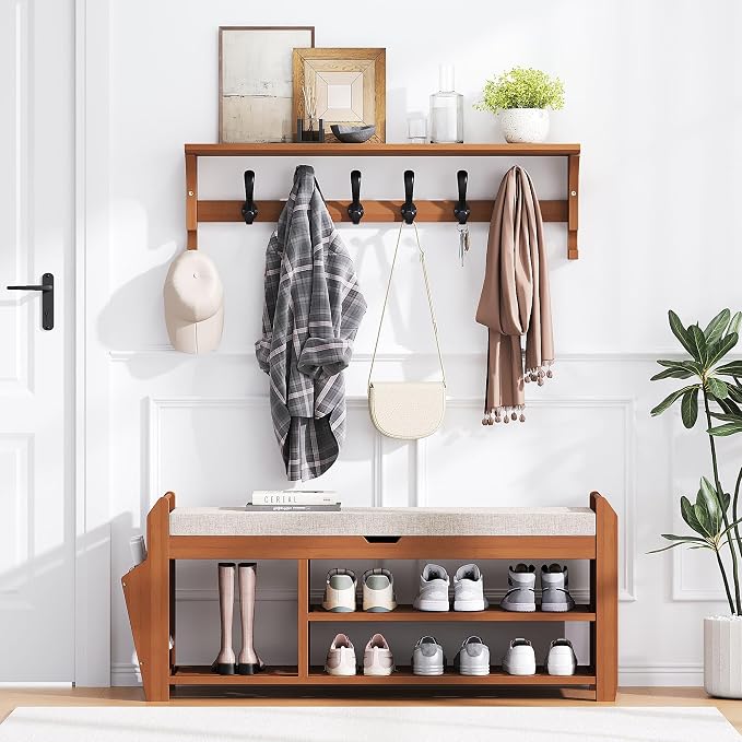 PETKABOO 39.4" Bamboo Shoe Rack Bench with Coat Rack, 3-Tier Entryway Bench with Thick Cushion, Flip-Top & Side Baskets, Holds Up to 550 LBS for Hallway, Living Room, Bedroom