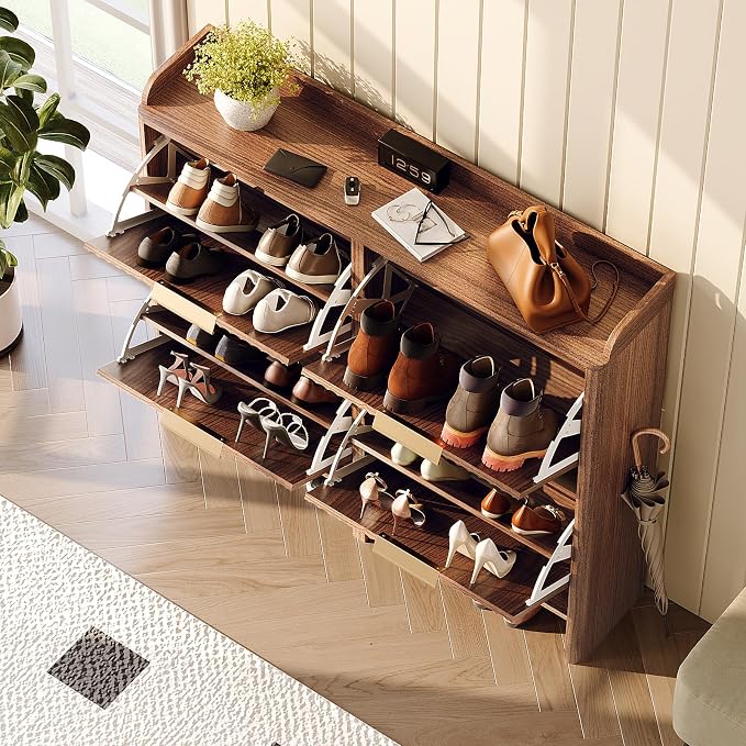 VINGLI 43.5" Large Shoe Storage Cabinet with 4 Fluted Flip Drawers, Slim Entryway Shoe Organizer with Curved Side Panels, Walnut Wood Shoe Rack for Hallway, High Capacity Hidden Shoe Shelf for Boots