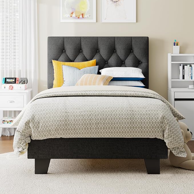 Einhomn Twin Upholstered Bed Frame with Headboard, Button Tufted Linen Bed Base, Platform Bed with Wood Slat, Heavy Duty, Easy Assembly, No Box Spring Needed, Dark Grey