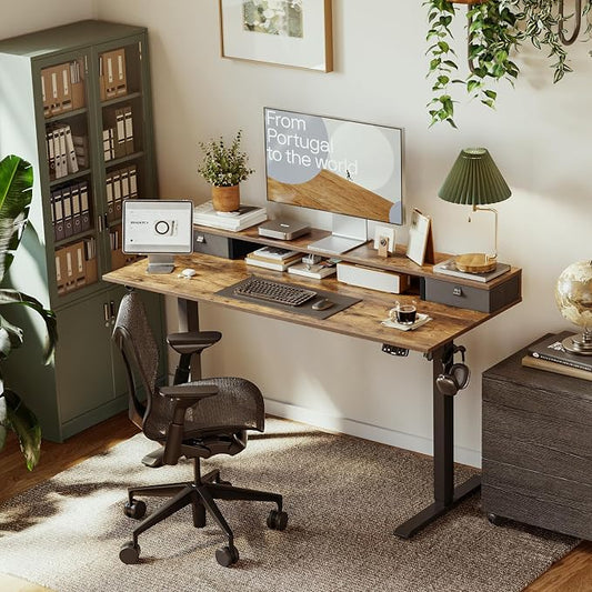 Agilestic 48 x 24 Inches Electric Standing Desk with 2 Storage Drawers, Adjustable Height Sit and Stand Computer Table with Splice Board, Rustic Brown