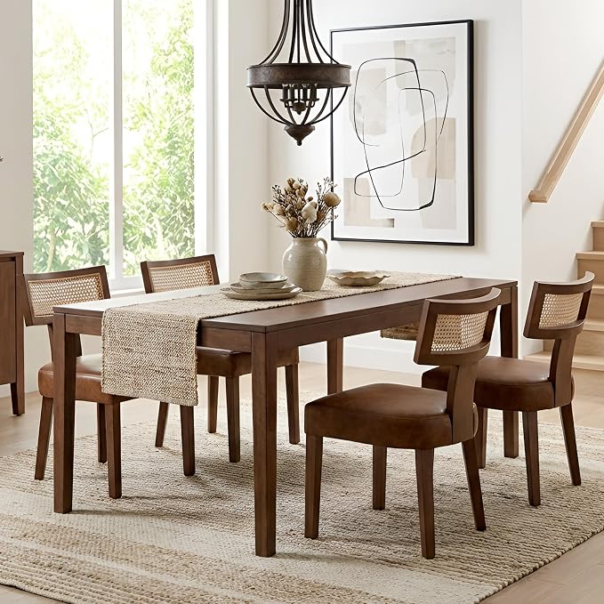 HNY Mid Century Modern Rattan Dining Chairs Set of 4, Farmhouse PU Leather Upholstered Accent Chair Curved Backrest Kitchen Chairs, with Hardwood Frame, Brown