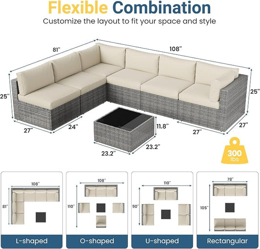 Wisteria Lane 7 Pieces Outdoor Patio Furniture Set, Wicker Outdoor Patio Sectional Sofas with Coffee Table, All-Weather Patio Conversation Set for Garden Backyard, Beige