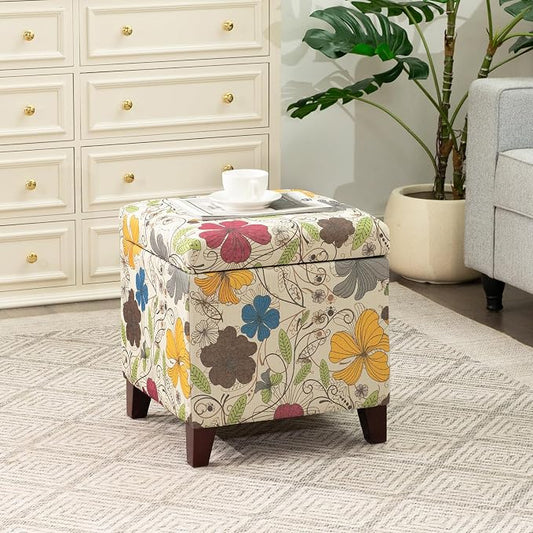 Adeco 18 Inch High Cube Ottoman Storage, Floral Printed Linen Chair Foot Stools, Upholstered Vanity Stool with Hinged Lid, Solid Wood Legs