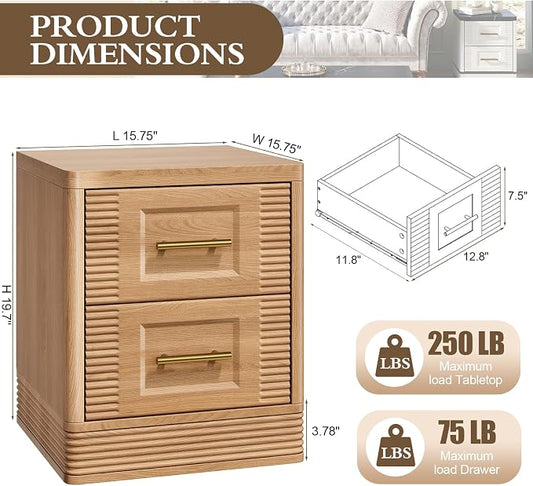 RECHHX Small Dresser for Bedroom, Farmhouse Nightstand with 2 Drawer for Narrow Spaces, Thermoformed Curved End Table for Bedroom, Living Room, Natural Oak