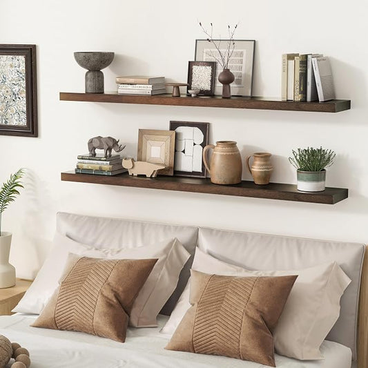 fuqing Rustic Floating Shelves, 48 Inch Floating Shelf Set of 2, Solid Wood Wall Mounted Shelves Dark Wood Shelves for Bedroom Bathroom Living Room - Dark Walnut