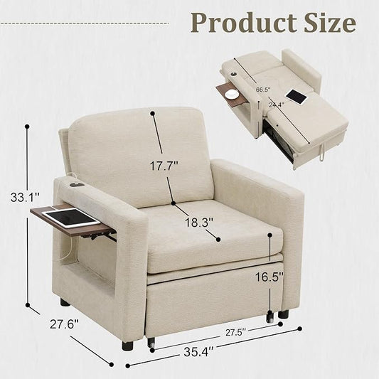 3 in 1 Folding Convertible Sleeper Sofa Bed Pull Out Couch with Side Pockets USB Port Side Table Single Sofa Bed with Adjustable Backrest for Living Room Bedroom 66" 66" Lightbrown 1 SEAT