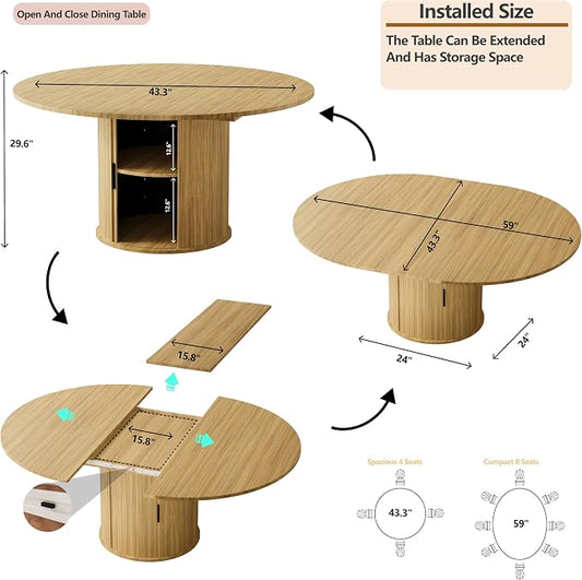 Dining Table for 4-6,59“Extendable Round Dining Room Kitchen Table with Storage,Round Table for Living Room,Fluted Wood Table with Slide Door,Expandable Oval Dinner Furniture with Pedestal Base,Oak