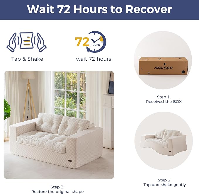 MAXYOYO 63" Loveseat Sofa Couch for Small Spaces, Upholstered Boneless Cloud Couch for Apartment Bedroom, 2-Seater Love Seat Floor Modern Sofa with Pillows, No Assembly Required, Beige