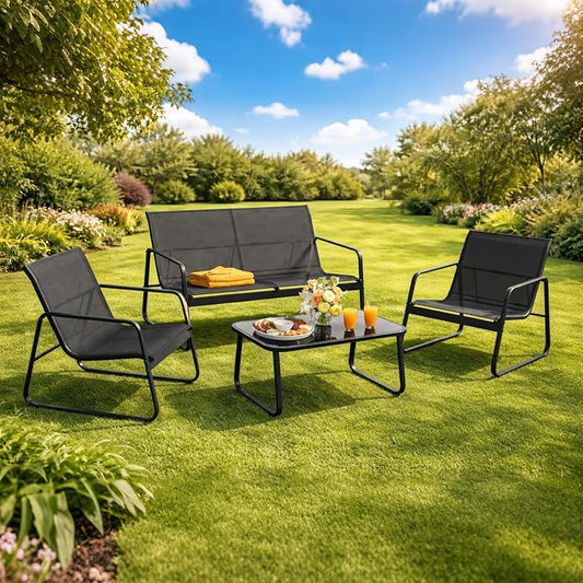 Gizoon 4 Piece Patio Furniture Set, Outdoor Patio Furniture with Loveseat and 2 Single Chairs, Bistro Table and Chairs Set for Backyard, Balcony, Lawn,Black