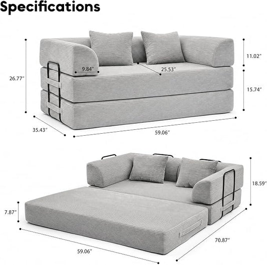 ZEIINPA 59“ Convertible Floor Sofa Bed, 5-in-1 Futon Sofa Bed Modular Sleeper Couch, Corduroy Pull Out Loveseat with Curved Armrest, Boneless Couches for Living Room, No Assembly Required, Light Grey