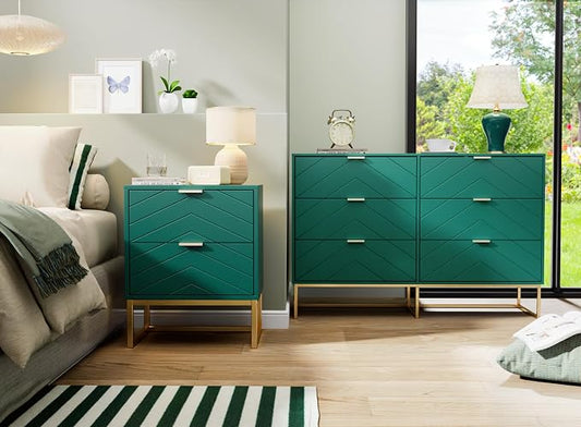 Anbuy 3 Pieces Bedroom Sets, 6 Drawer Dresser and Nightstand Sets for Bedroom, Night Stand Set of 2 & 6 Drawer Dresser with Gold Handles, Morden Wood Chest of Drawers Storage Cabinet Set, Green