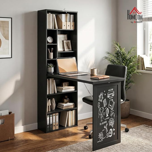 HOMCOM Foldable Convertible Writing Table, Wall Mounted Space-Saving Computer Desk with Chalkboard and Storage Shelves for Small Spaces, Home Office, Bedroom, Dorm, Apartment, Black