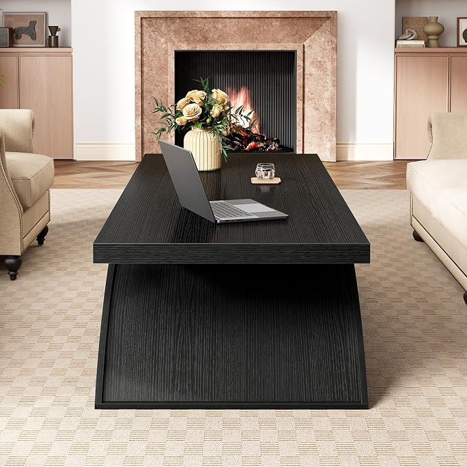HSH 47" Modern Rectangle Wood Coffee Table for Living Room, Black Oak | Large Rectangular Center Table, Low Table with Sculptural Arched Base, 200 lb Capacity, Easy Assembly