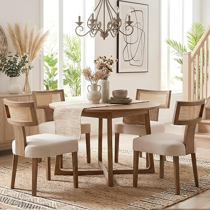HNY Mid Century Modern Rattan Dining Chairs Set of 2, Linen Upholstered Kitchen & Dining Room Chairs with Ergonomic Curved Back, Solid Wood Frame, Farmhouse Accent Chairs for Home, Apartment, Beige